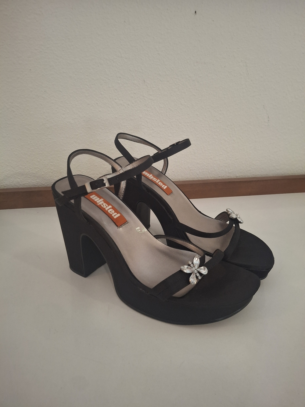 Vintage Y2K Unlisted Black Platform Sandals with Crystal Butterfly
